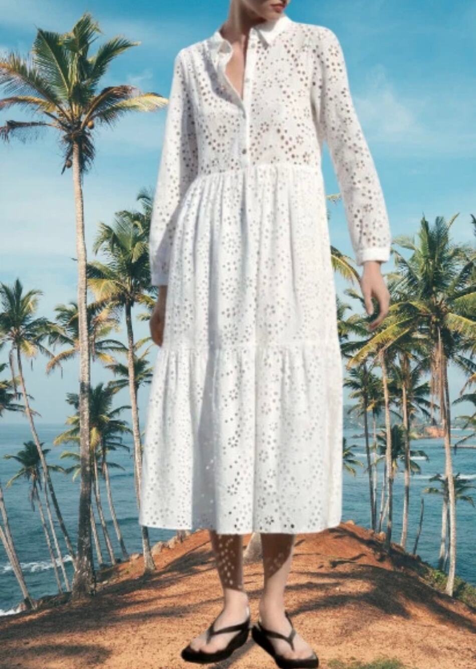 ZARA WOMAN ZW COLLECTION CUTWORK EMBROIDERY EYELET OFF WHITE DRESS SIZE S.